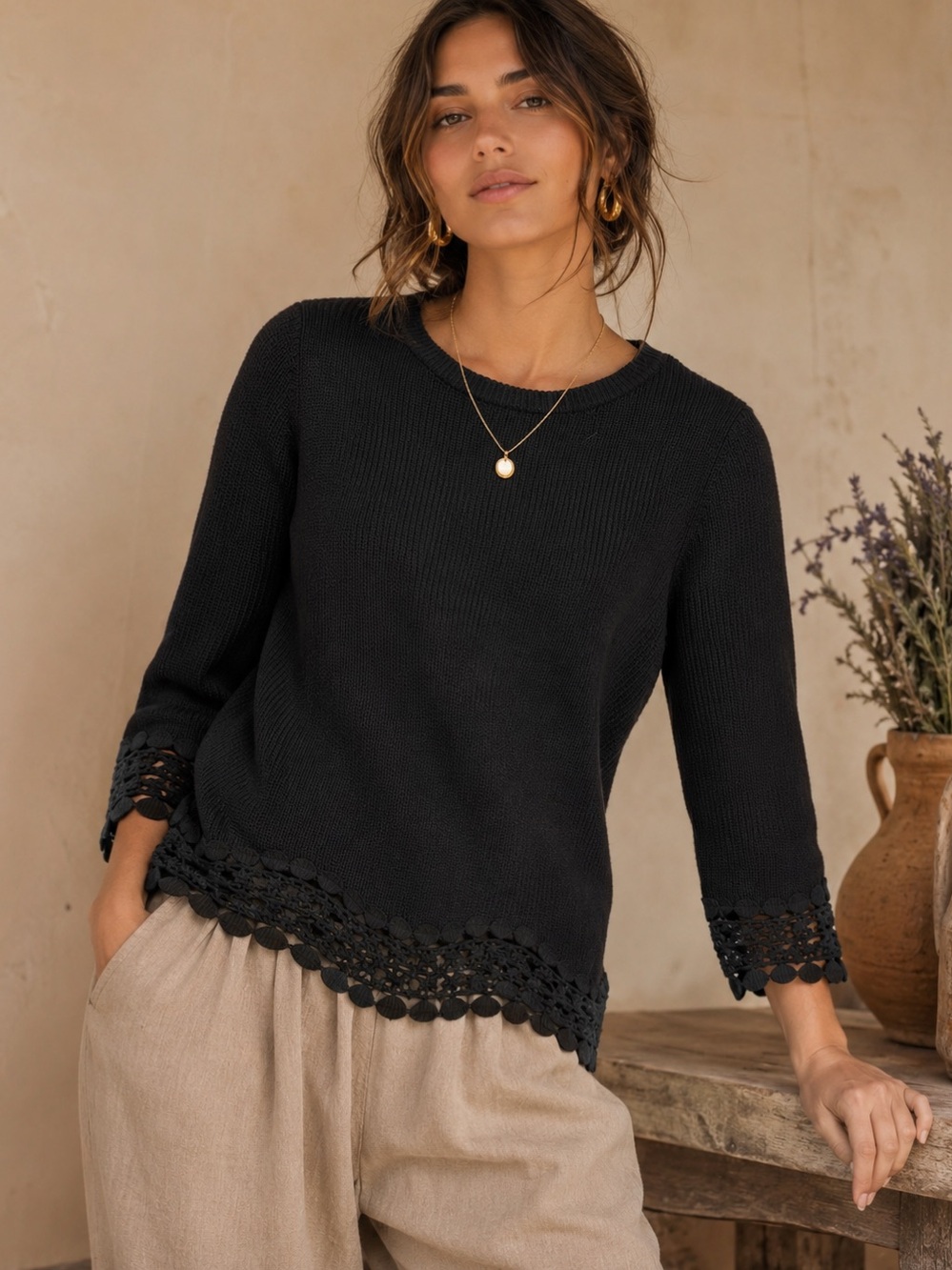Peck & Peck Crochet Trim Knit Sweater Large Black Boho Cottage Chic Cotton Blend